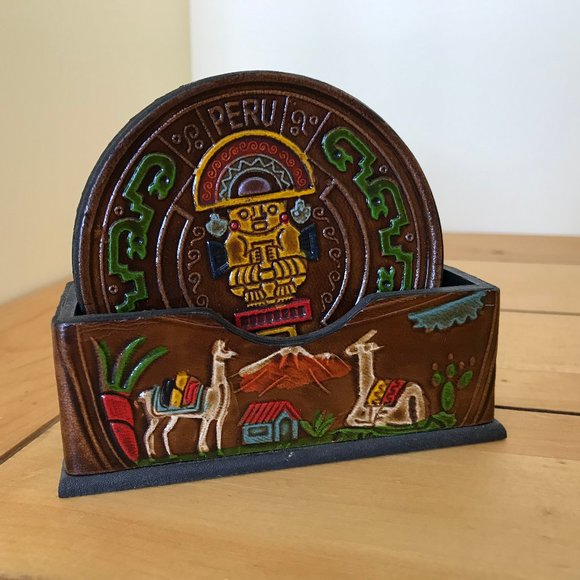 Peru Llama Village Tooled Leather Coasters Set of 6 with Holder Sun God Inti - Picture 1 of 5